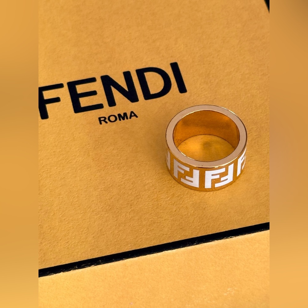 Fendi White and Gold-Tone Logo Band Ring Brand New Size Small